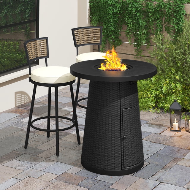 3-Piece Metal Patio Conversation Set with Black Round Gas Bar Height Fire Pit Table, Swivel Chairs and Cushions