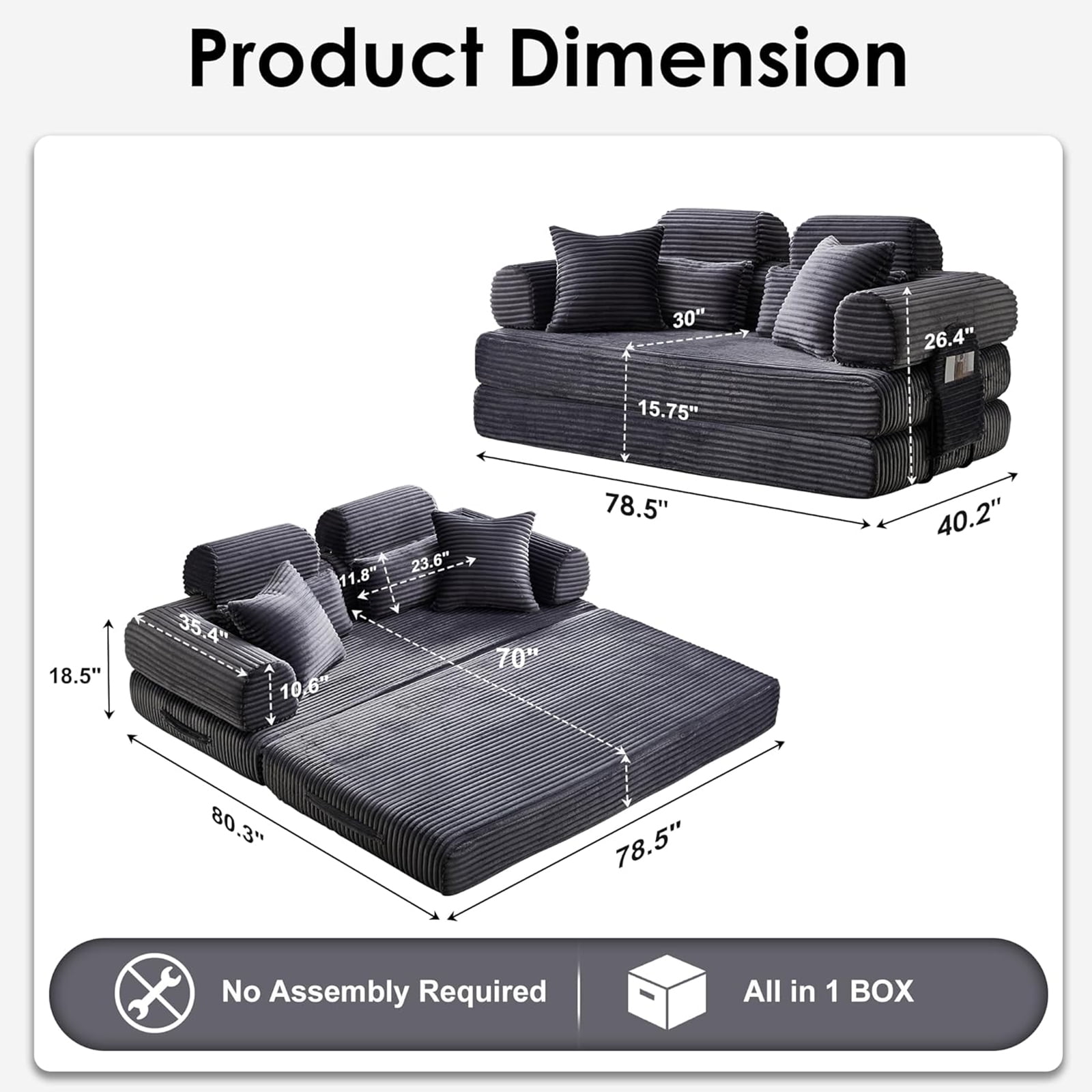 Convertible Sleeper Sofa Bed, 78.5" Modern Futon Sofa Bed for Living Room, Foldable Loveseat Sofa with Memory Foam, Corduroy Floor Mattress Couch, No Assembly Required (Dark Grey)