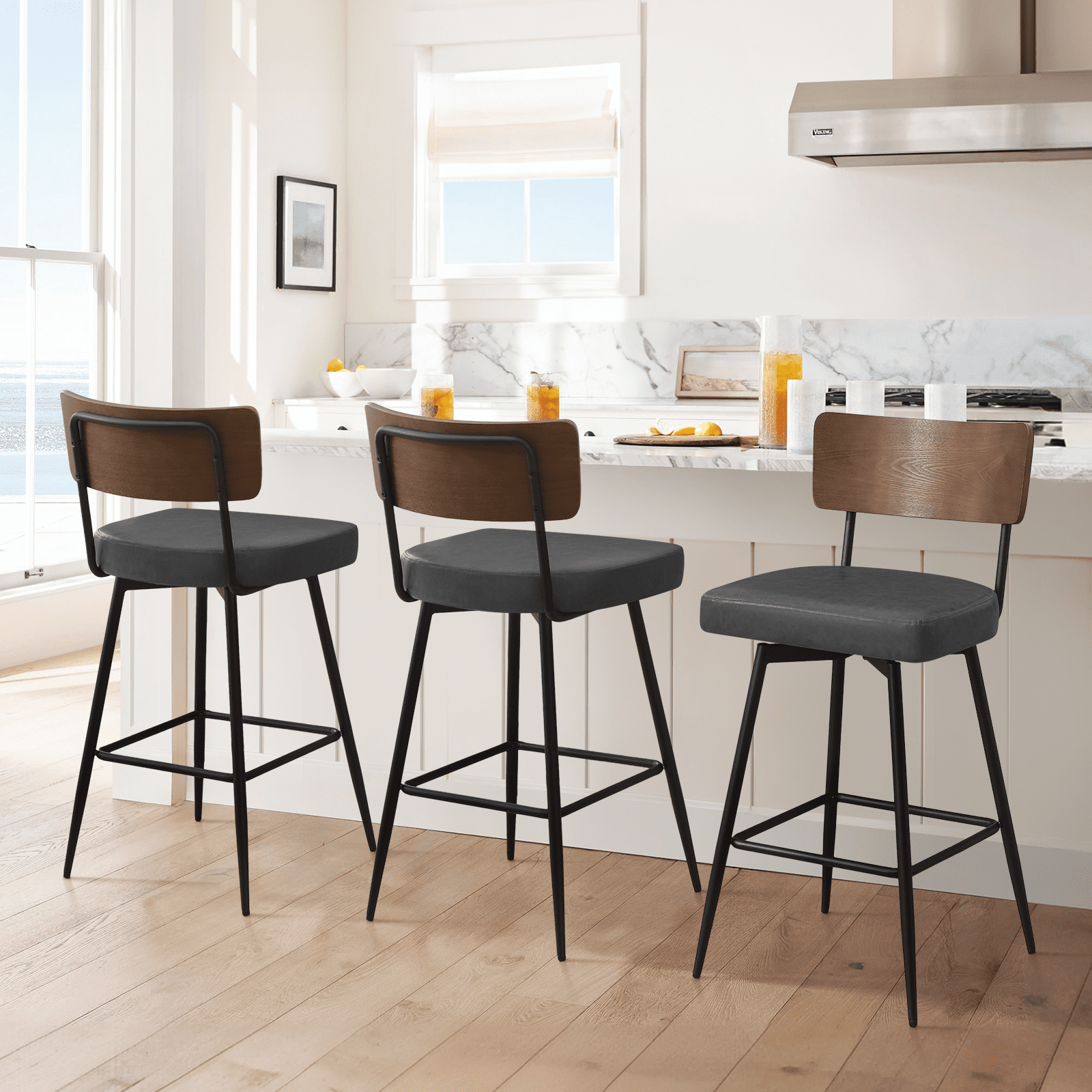 ANMINY Swivel Bar Stools Set of 4, 29" Seat Height, Upholstered Faux Leather Counter Barstools with Wood Backs and Metal Legs, Counter Height Bar Stool for Kitchen Island