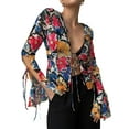 thumbnail image 1 of Coduop Women Tie Up Open Front Button Front Bell Long Sleeve Crop Top Shirt Top, 1 of 6