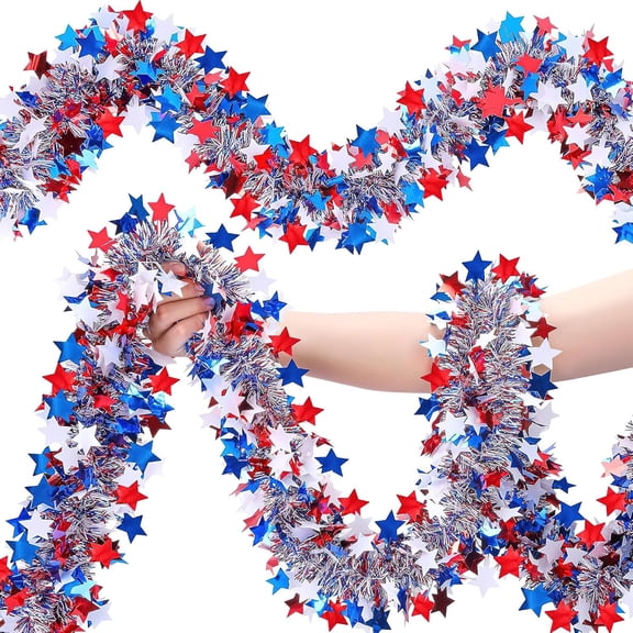 BZCOE 43 Ft Patriotic Glitter Tinsel Garland Decoration for Tree Car Golf Cart,Red White Blue Star Metallic Tinsel Twist Garland Star Garland