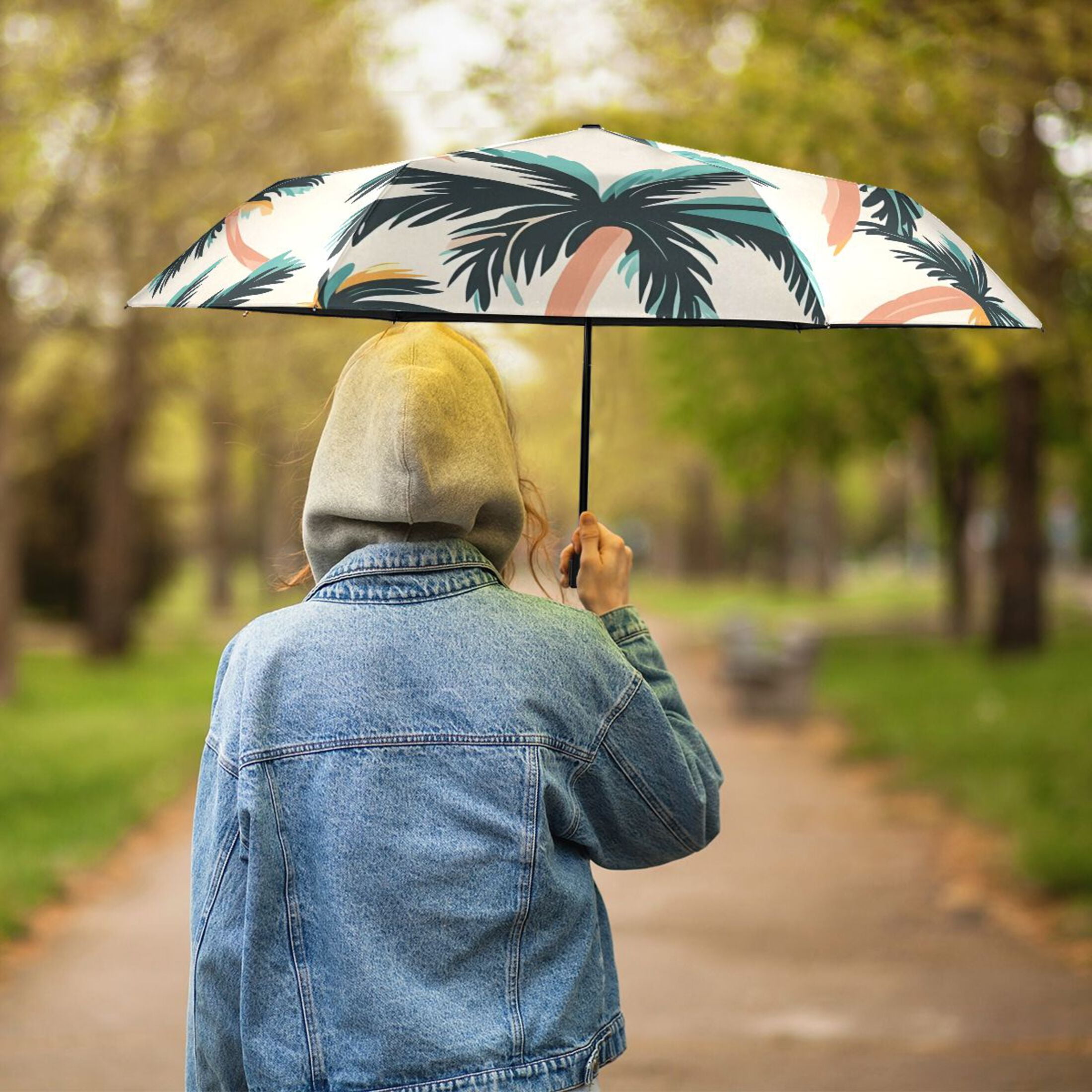 ALAZA Palm Tree-a1 UPF 50+ Compact Folding Umbrella for Rain Travel Umbrella Packable