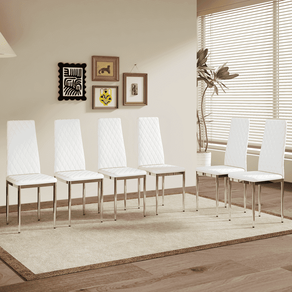 Ciphrias White PU Leather Dining Chairs Set of 6 Tufted Silver Metal Legs 38 in