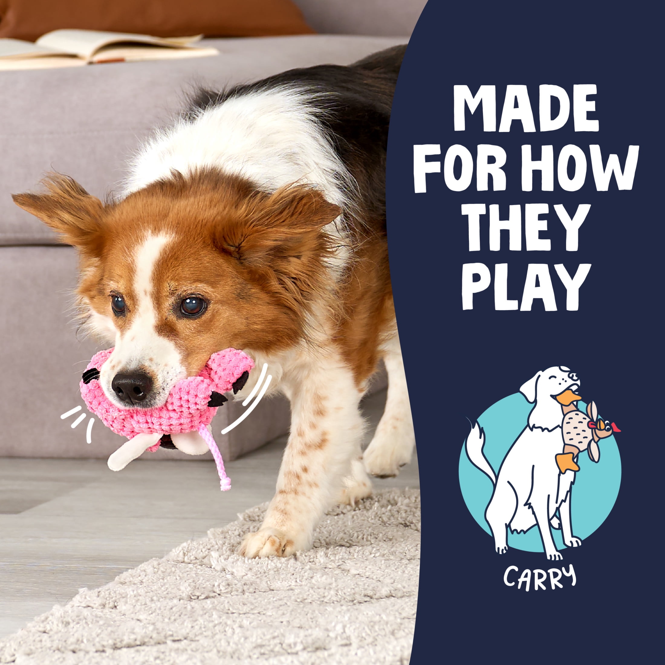 goDog Checkers Flying Pig Squeaky Plush Dog Toy with Chew Guard Technology, Durable Fabric & Squeaker for Active Play, Pink, Mini