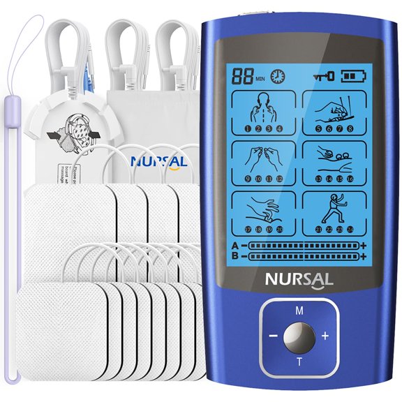 Estimulador muscular NURSAL TENS EMS para terapia de alivio del dolor, masajeador de pulso eléctrico TENS de doble canal con 24 modos y 12 electrodos, modo continuo estable y función de memoria.
