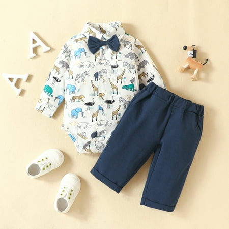 

Baby Boys Floral Animal Bow Tie Autumn Long Sleeve Romper Bodysuit Pants Set Clothes