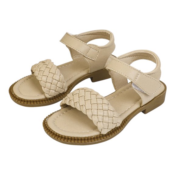Girls Sandals Braided Band Flat Dress Shoes Open Toe Slip on Summer Beach Vacation Casual Shoes Beige 3 Big Kid
