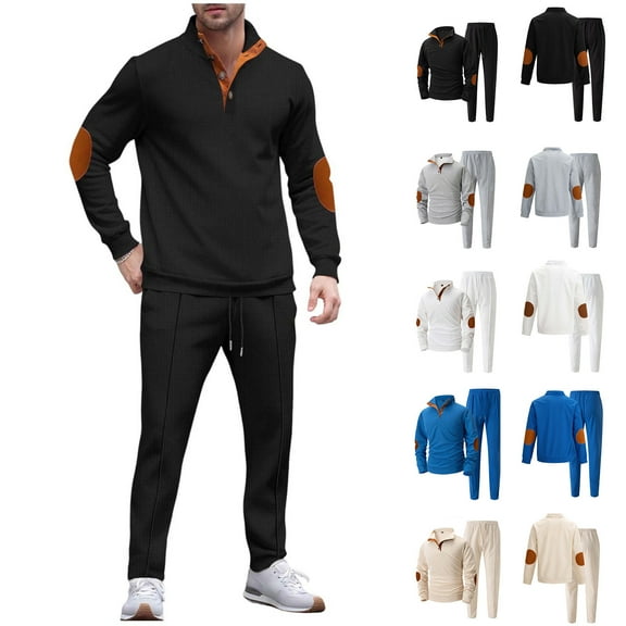THDHVS Mens Outfits 2 Piece,Outfits for Men,Man Style Casual Fashion Long Sleeves Button Standing Collar Top Drawstring Waist Long Pants Sets Black 2XL