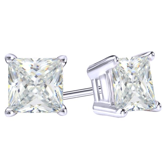 Princess Cut White Natural Diamond Solitaire Stud Earrings In 14K Solid White Gold (1 Ct)