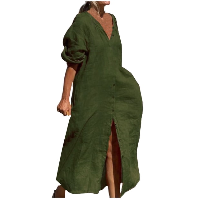 Gspmoly Robe d'Été, Robe Décontractée Unie pour Femmes à la Mode, Robe à Col en V à Manches Longues, Longue Robe, Robes de Soirée pour Femmes Offres Prime