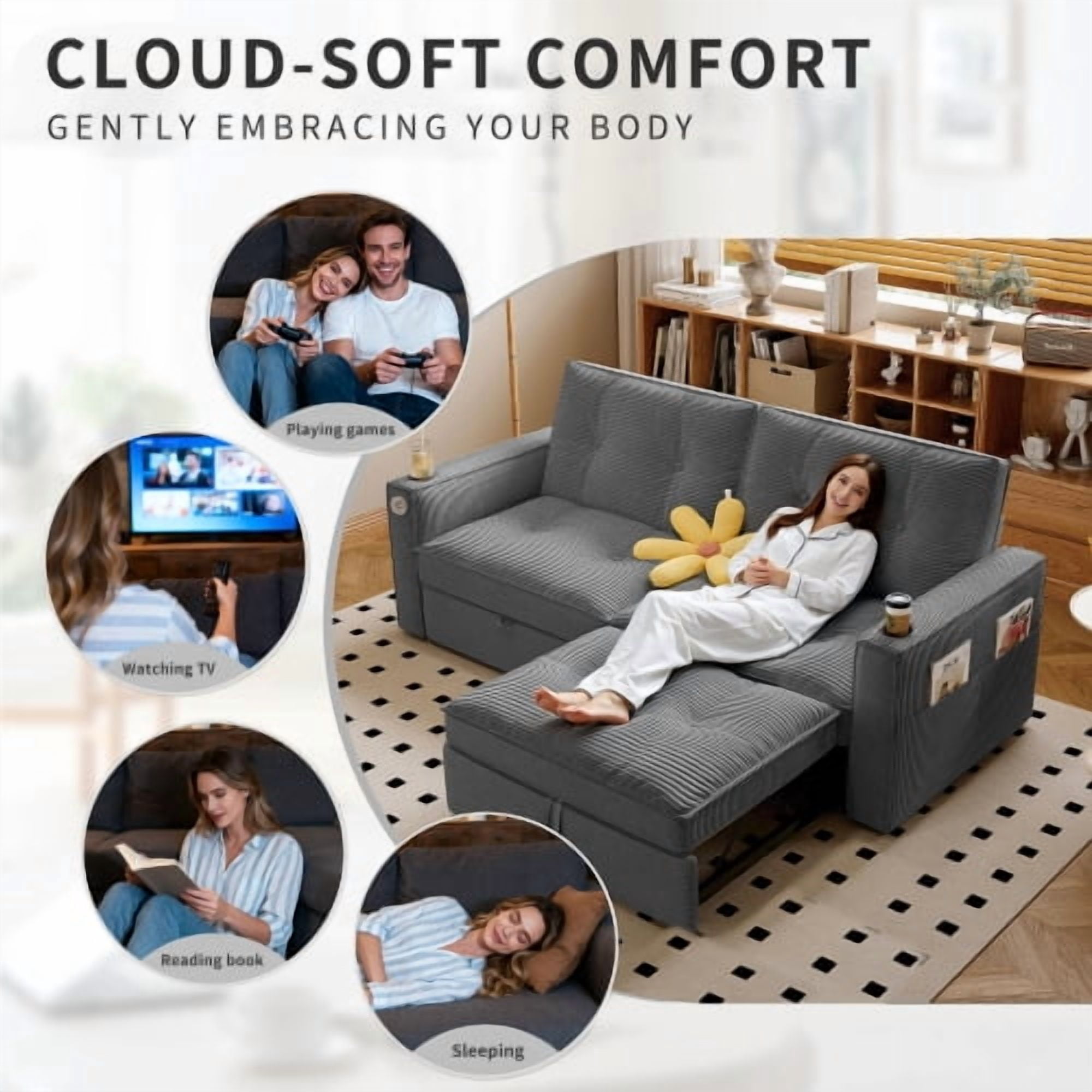 73" 2-in-1 Convertible Sofa Bed, Corduroy Two-Seater Sleeper Sofa with Pull-Out Guest Bed, Steel Frame, for Living Room, Bedroom, Apartment & Dorm, Grey