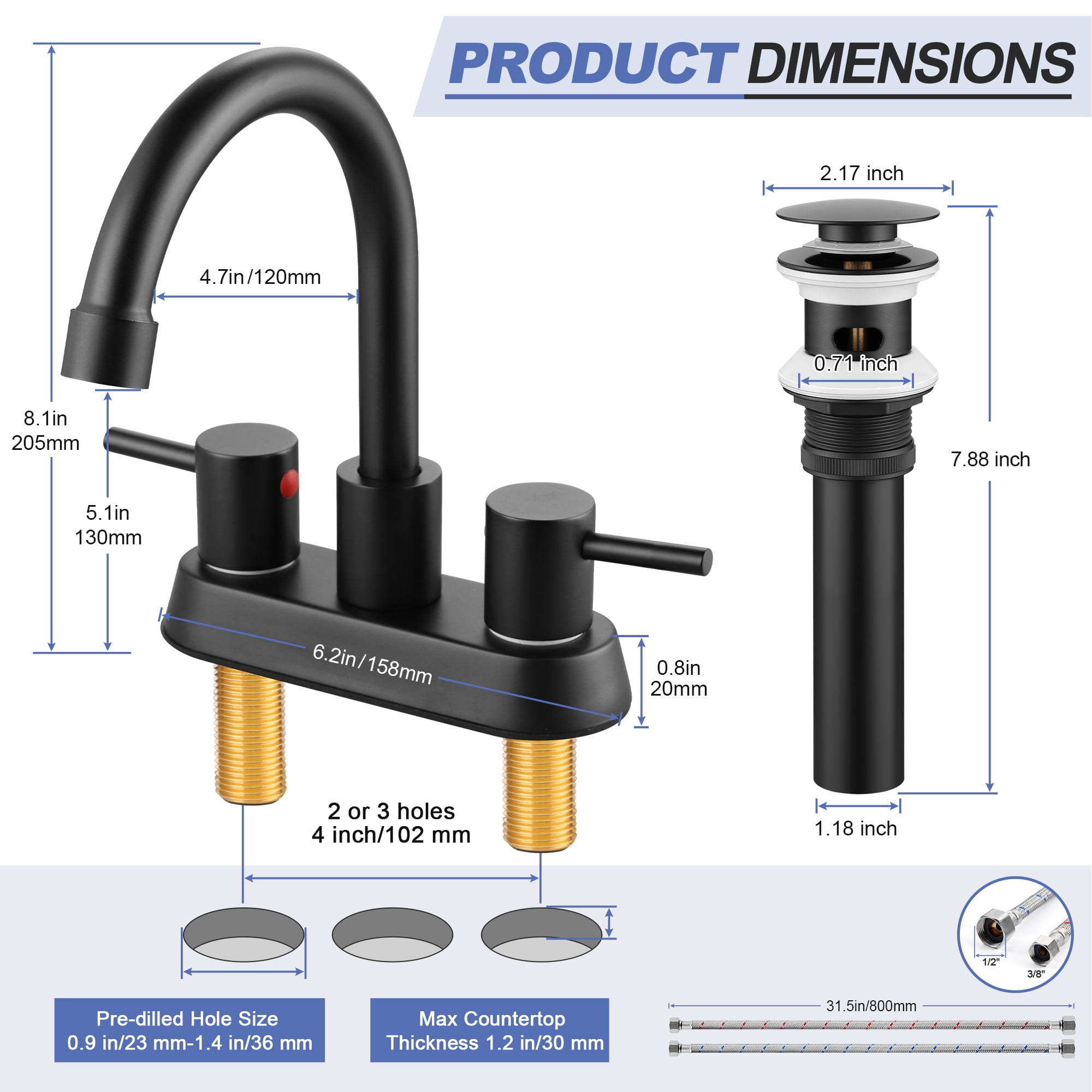 Coliware Black Bathroom Faucet, Stainless Steel 2-Handle Bathroom Sink Faucet with Pop-Up Drain 2 Water Supply Hoses for 3 Hole, Bathroom Centerset Basin Faucet for Vanity RV