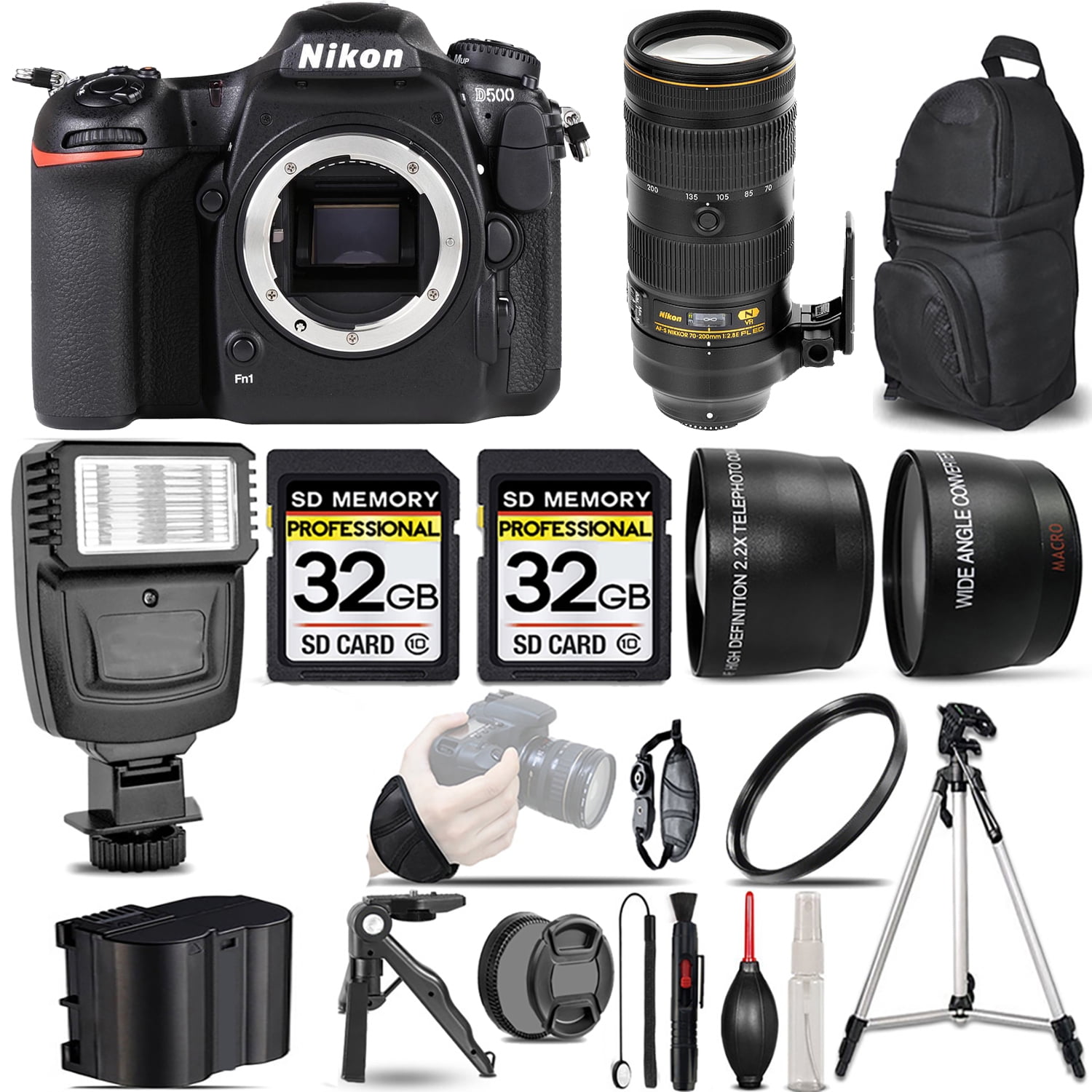 Nikon D500 DSLR Camera +70200mm f/2.8E FL ED VR Lens +Flash +64GB Kit