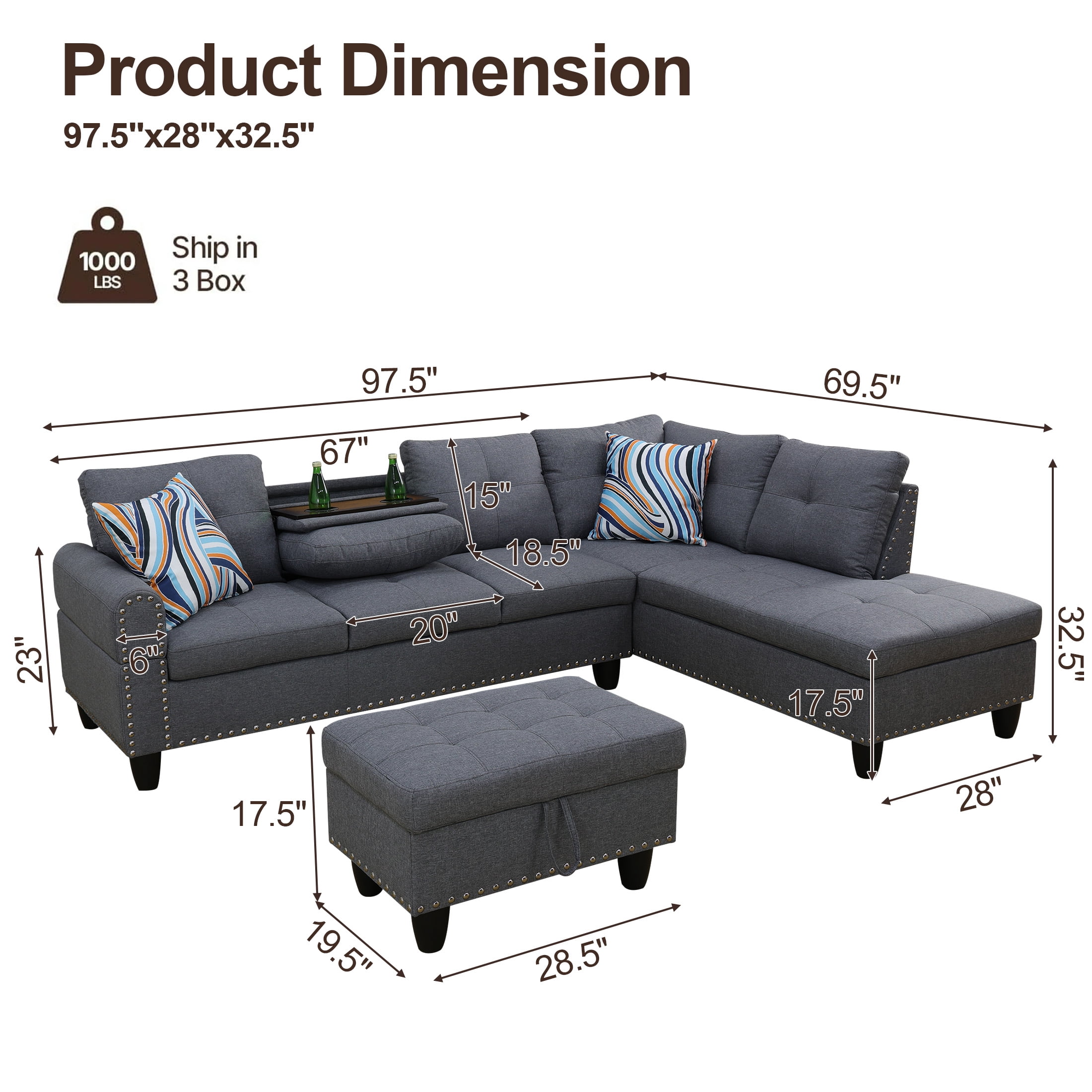 AENKYO 98" L-Shaped Sectional Sofa with Reversible Chaise, Storage Ottoman & Cup Holders, Linen, Dark Gray