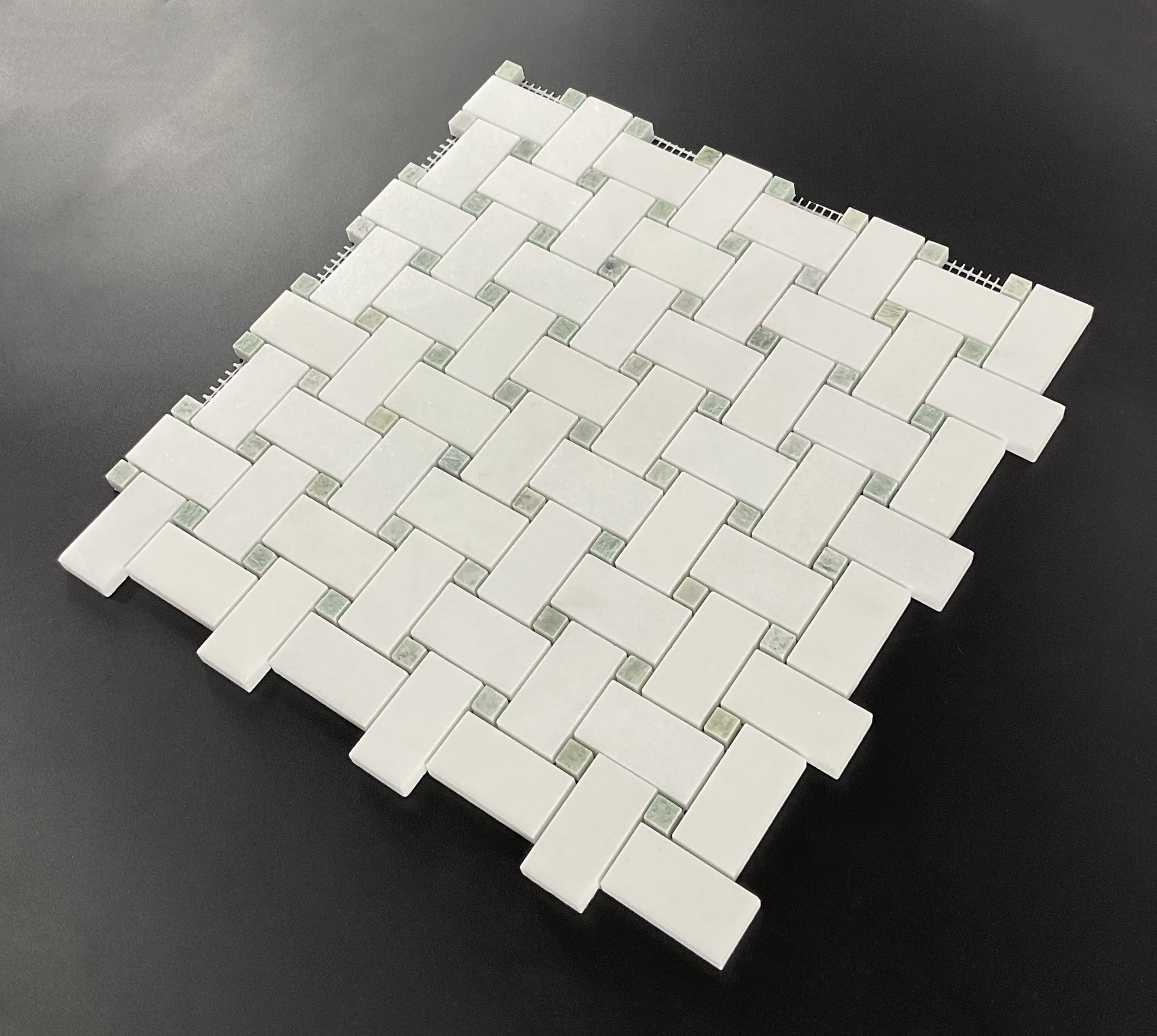 10-Pieces of 1" x 2" Thassos White and Ming Green Dot Marble Basketweave Mosaic Floor and Wall Tile