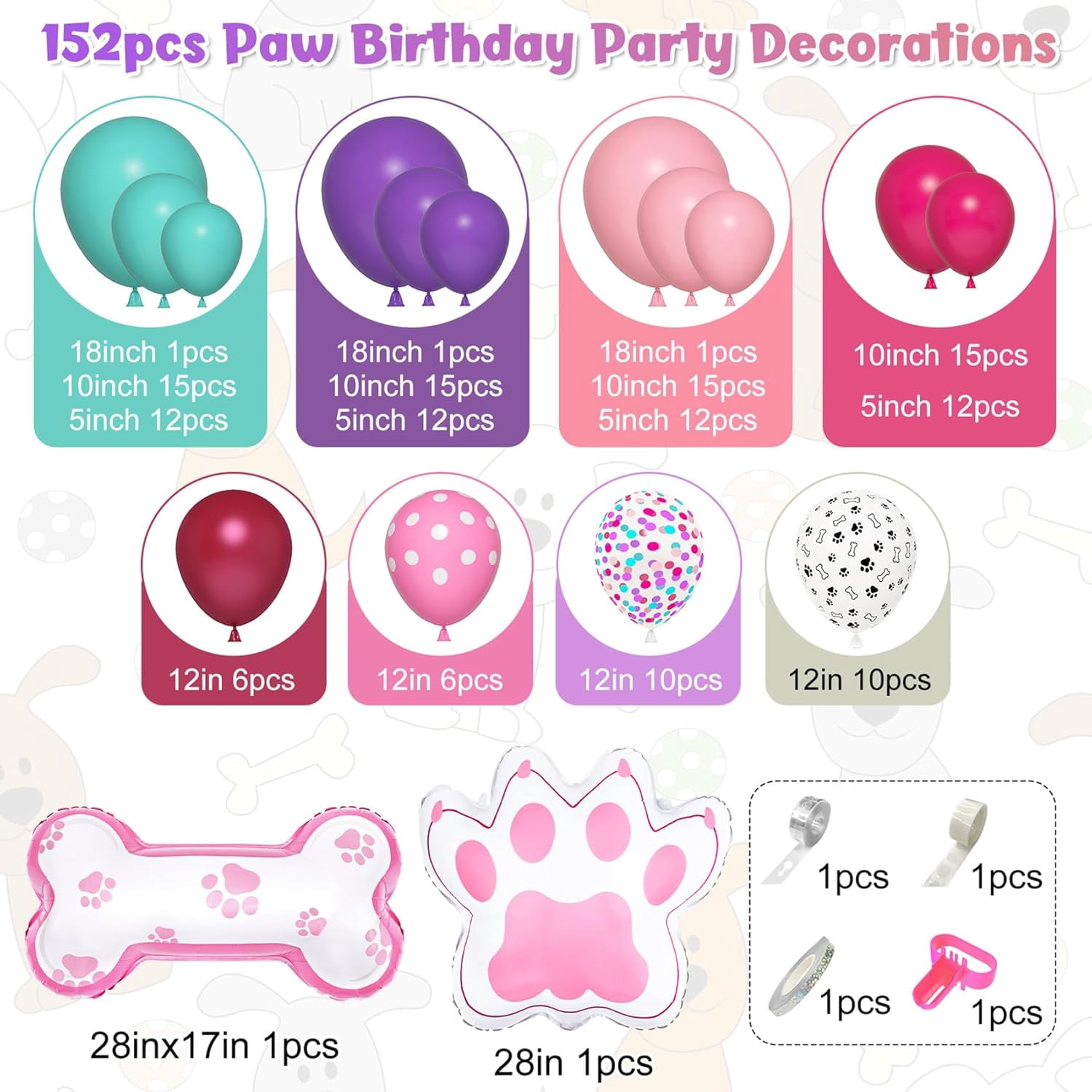 147-Piece Paw Balloon Garland Arch Kit - Dog Paw Print Balloons in Pink, Purple, Turquoise with Confetti - Puppy Theme Birthday Baby Shower Party Decorations