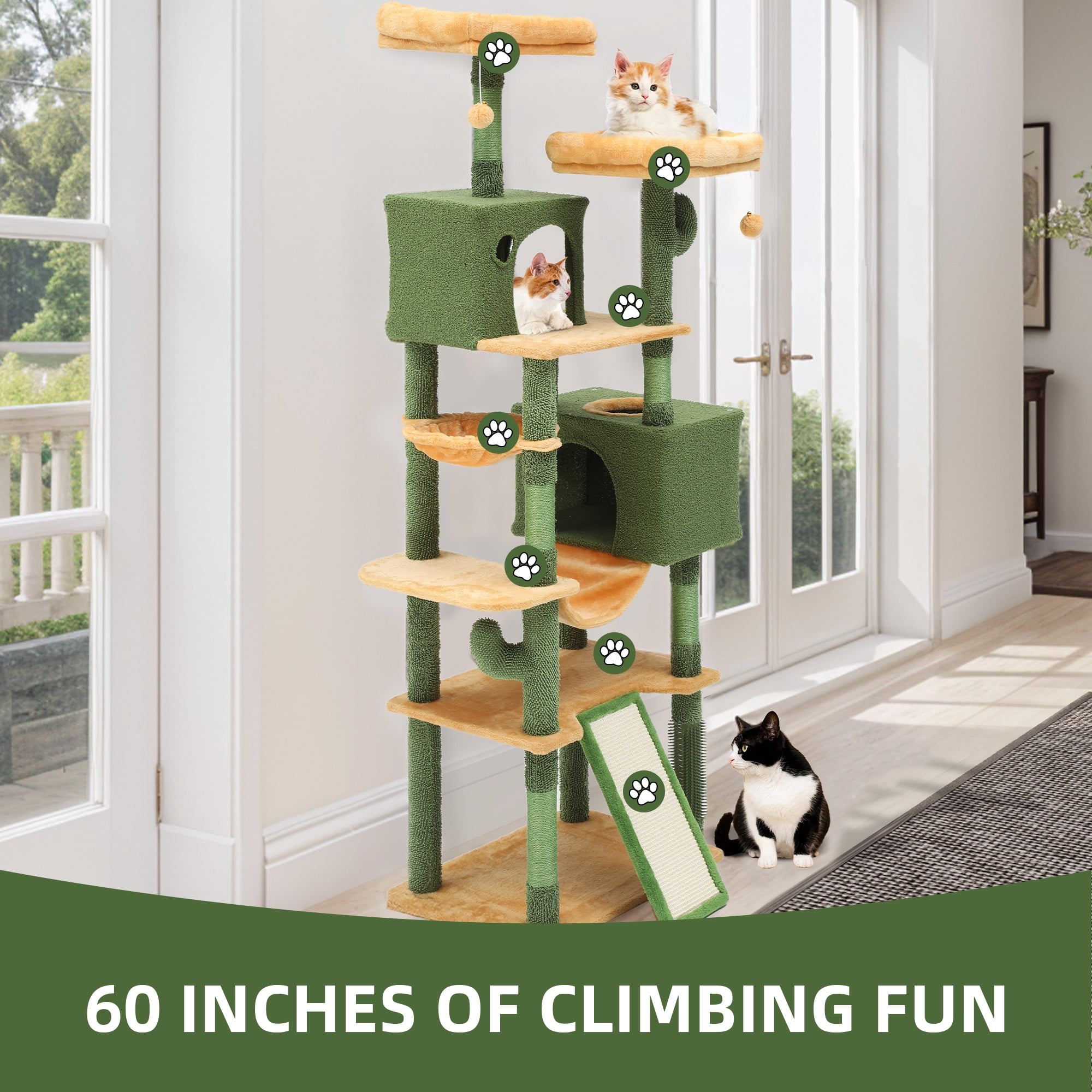 Uforic Large 76" Cactus Cat Tree Tower with Sisal Scratching Posts, Multi-Level Cat House and Condo, Green & Yellow