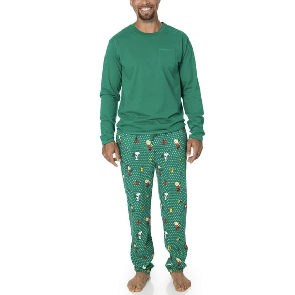 PEANUTS Mens' Cotton Snoopy Family Matching Pajamas 2-Piece Sets for Christmas with Woodstock Charlie Brown Linus, Gift for him (Green Polka Dot, XL)