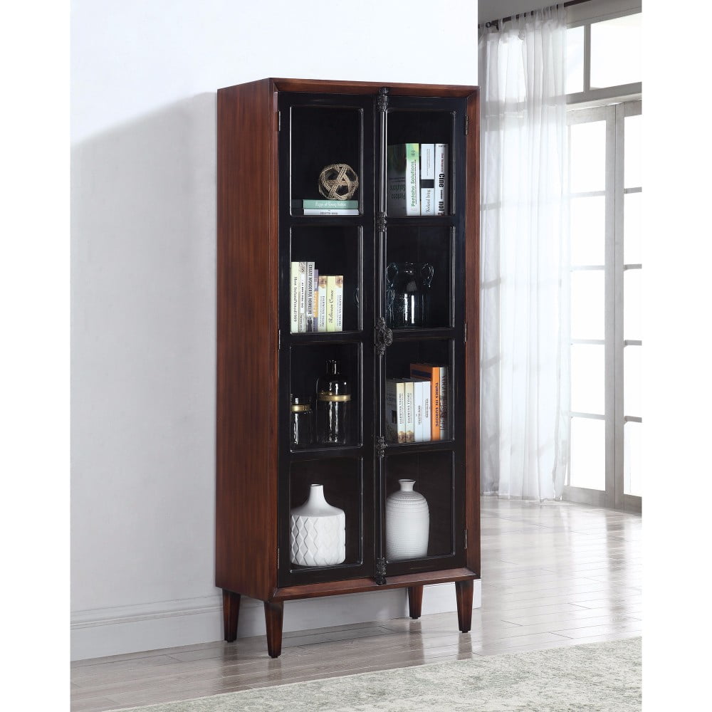 Two-Tone Tall Wooden Accent Cabinet With Two Glass Doors, Black And