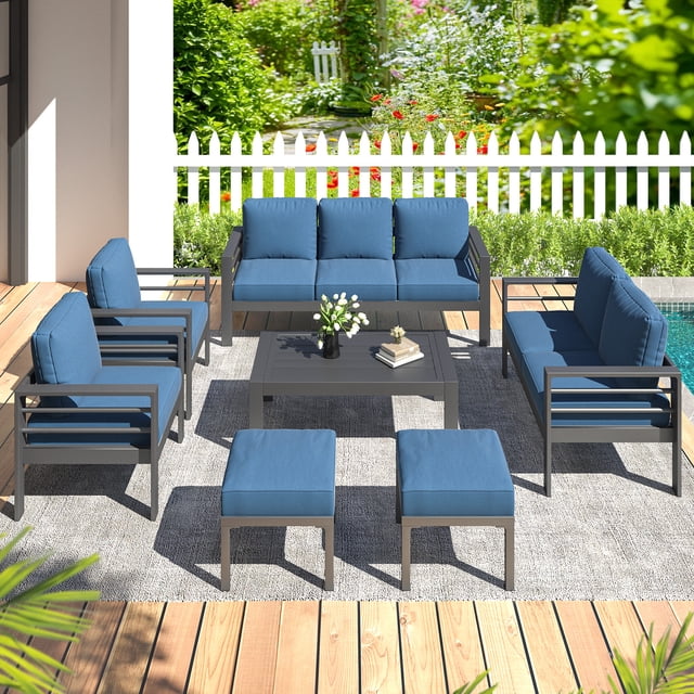 AECOJOY 7-Piece Outdoor Patio Set – Blue, Aluminum Sectional Sofa with Coffee Table, Seats 9