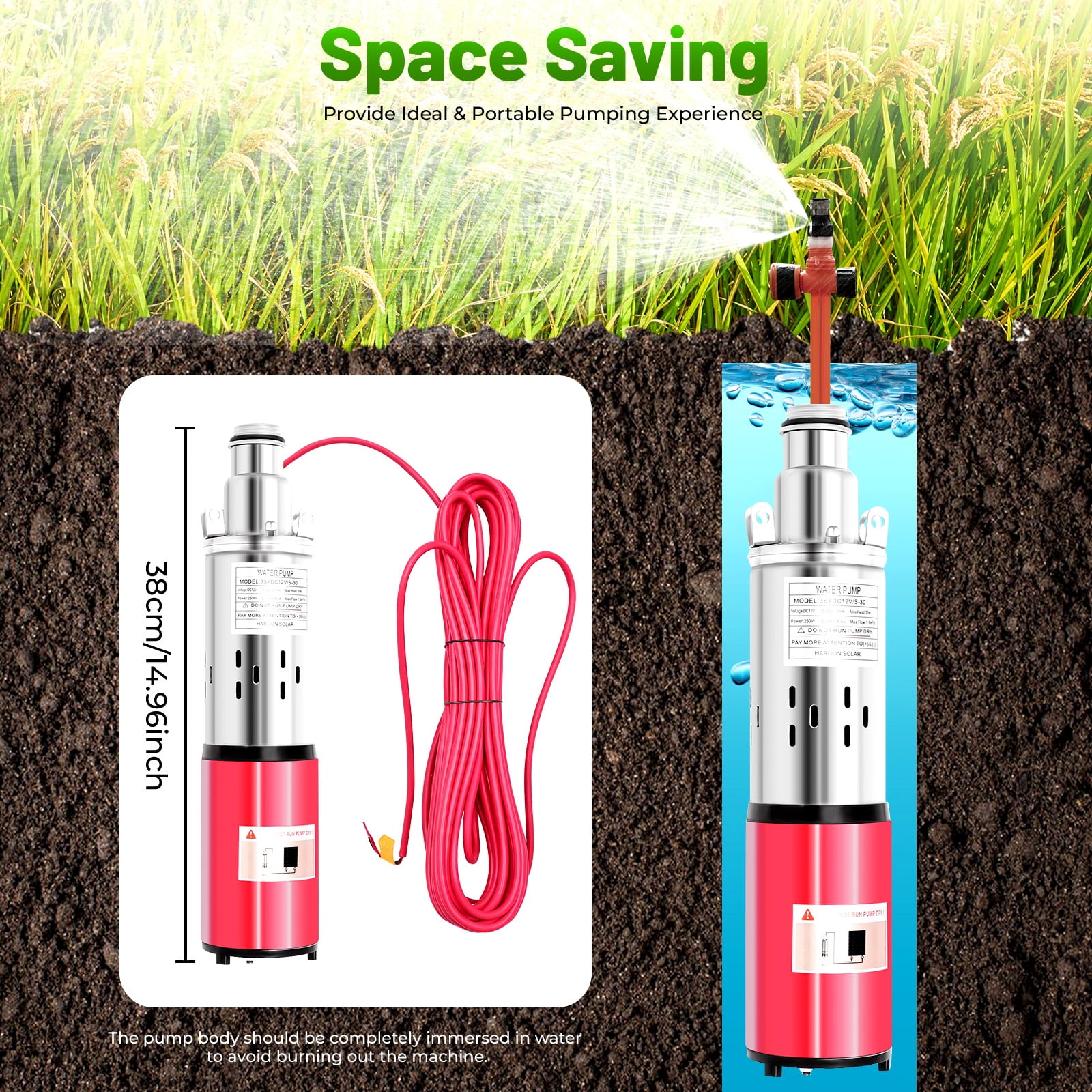 DC 12V Solar Submersible Pump Deep Well Water DC Pump Stainless Steel 1500L/H for Farmland Irrigation