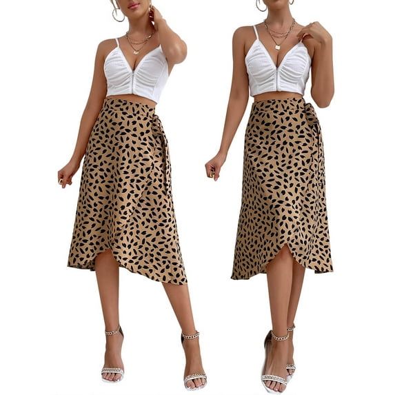 KelaJuan Women Midi Skirt, Printed High Waist Ruffle Hem Irregular Loose Tie-Up Skirts, Ladies Below-Knee Split Bottoms
