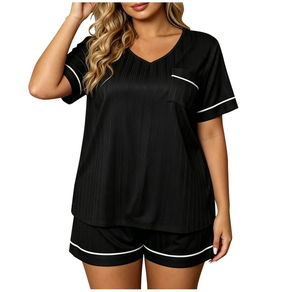 Women's Summer Plus Size Pajamas - Loose V Neck Short Sleeve Top with Shorts 2 Piece Sleepwear Lounge Sets