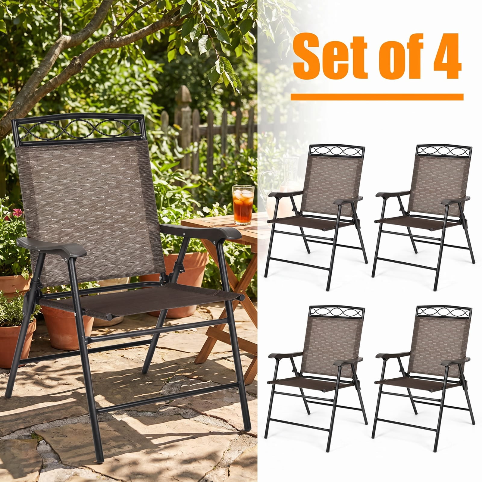 Furnibear Patio Folding Chairs Set of 4, Steel Frame, Black, 250 lbs Capacity per Chair, Weather-Resistant Outdoor Furniture