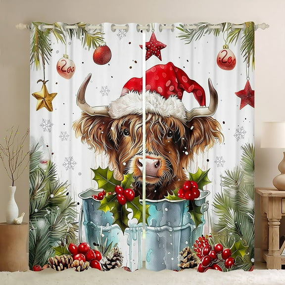 Manfei Marry Christmas Black Out Curtains,Farm Highland Cattle Curtains Pack of 2 (42x63 Each),Red Berry Xmas Flower Bedroom Curtains For Boys Kids,Super Cozy Room Decor