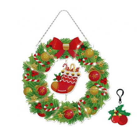 

Christmas Diamond Wreath 5D Diamond Wreath Kits with LED Lights String Crystal Drill Christmas Garland Diamond Painting Hanging Wreaths for Door Wall Window Tree Decor