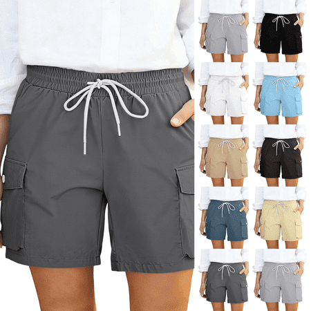 Hiking Cargo Shorts for Women Baggy Quick Dry Shorts Casual Elastic Waist Drawstring Outdoor Athletic Workout Golf Pull On Shorts with Pockets 5 Dark Gray S