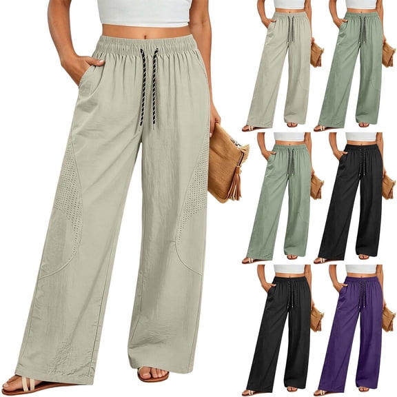 Plus Size Lounge Pants for Womens Fashion Summer Casual Solid Color Sports Fitness Drawstring Double Pocket Straight Pants