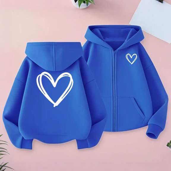 fnnxnal Girls Blue Zip-Up Hoodie - 100% Polyester Soft Durable Hand-Drawn Heart Design Hooded Sweatshirt for Kids 4-12 Years,Size 9-10T