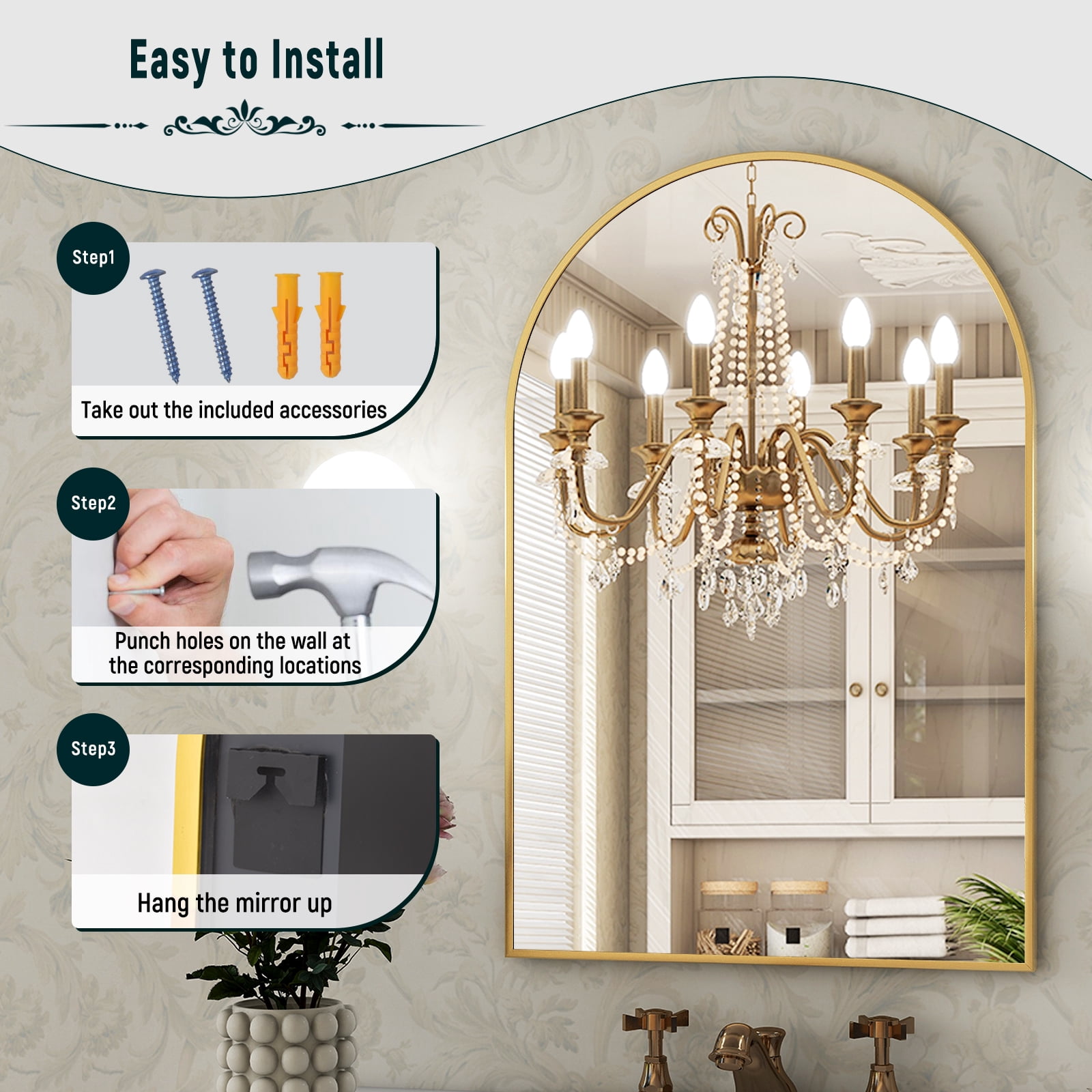 SHATTERVIEW 32"x34" Bathroom Wall Mounted Mirror Arched Hanging Vanity Mirror, Gold
