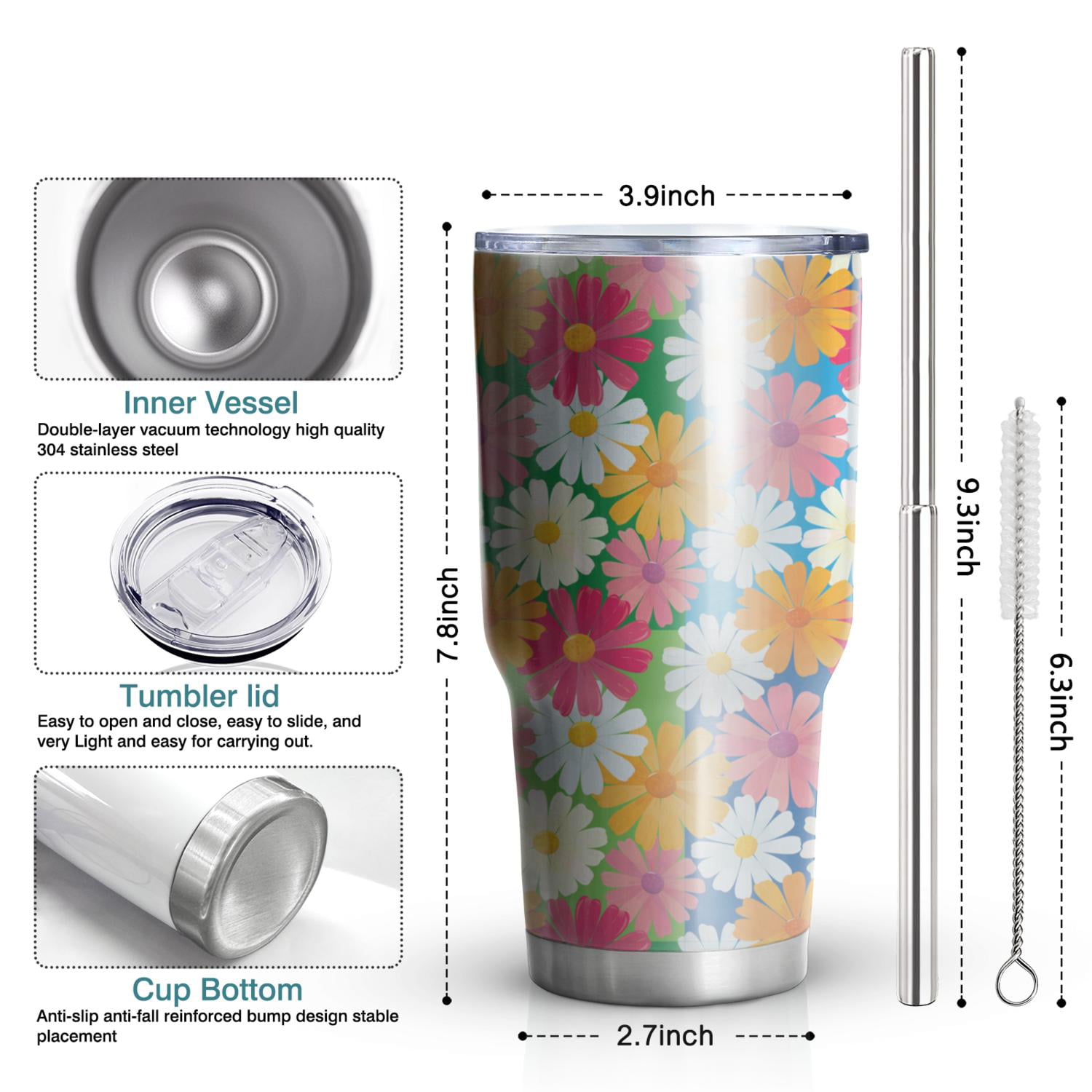 Stainless Tumbler with Handle - 30 oz - Darling Daisy