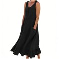 thumbnail image 2 of Laqbezok Sleeveless Cotton Linen Boho Flowy Beach Midi Dress with Pockets, Casual Solid Color Round Neck Sun Dress, Relaxed Fit Ruffle Hem Summer Vacation Dress, 2 of 4