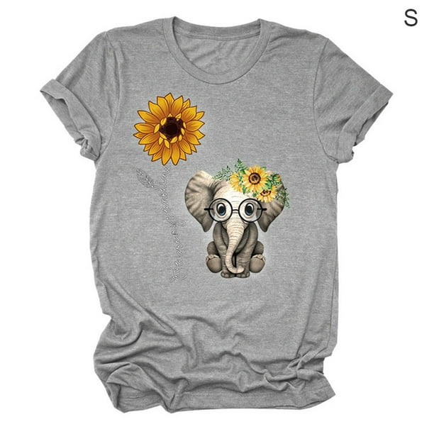 Camiseta De Mujer Blusa De Cuello Redondo De Manga Corta Con Estampado De Girasol, Gris Claro, S sidaley AP001988-09