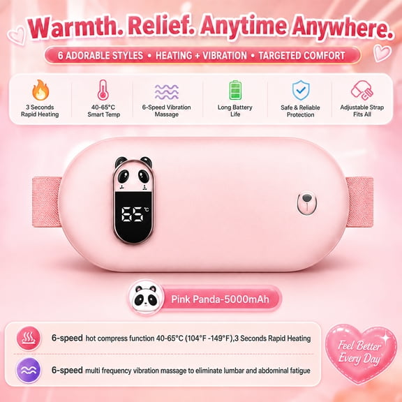 Period Heating Pad, Uterine Warm Belt with 6 Speed Vibration, 6 Level Heating, ,Abdomen Heated Massager,ast Warm-Up for Home, Office & Travel, Pink