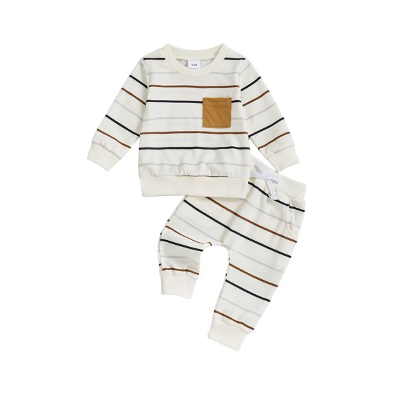 Miaouyo 0-3T Toddler Baby Boys Autumn 2Pcs Clothing Sets Long Sleeve O Neck Striped Tops Drawstring Pants Sets