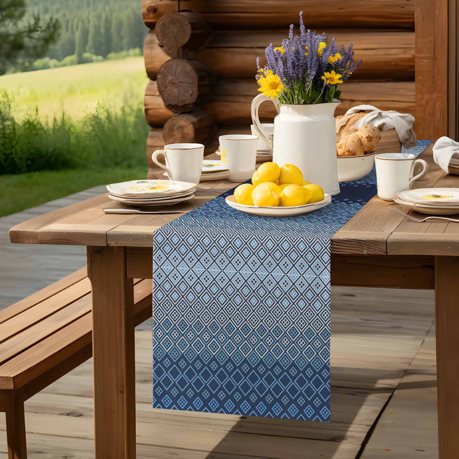 Geometric Art Diamond Checker Table Runner 90 Inches Long, Modern Blue Ombre Gradient Table Runners Tabletop Scarf Kitchen Dining Tables Decoration for Home Party Indoor Outdoor