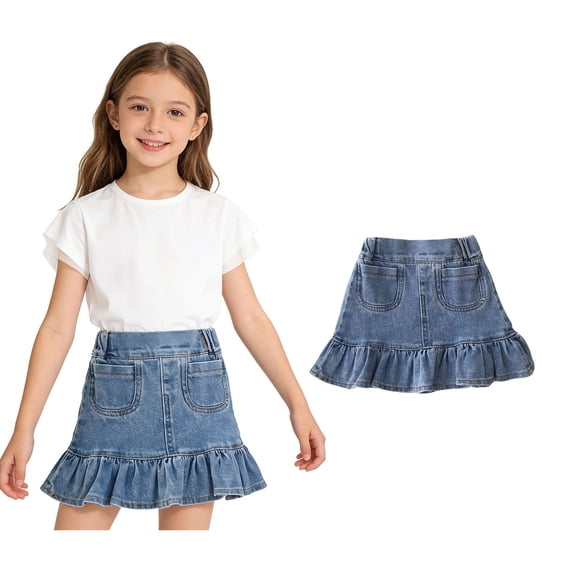 Girl Jean Skirt Elastic Waist Mini Ruffle Denim Skirt Cute Jean Skirt Girls School Clothes Girls Skirts Size 5-6 Years