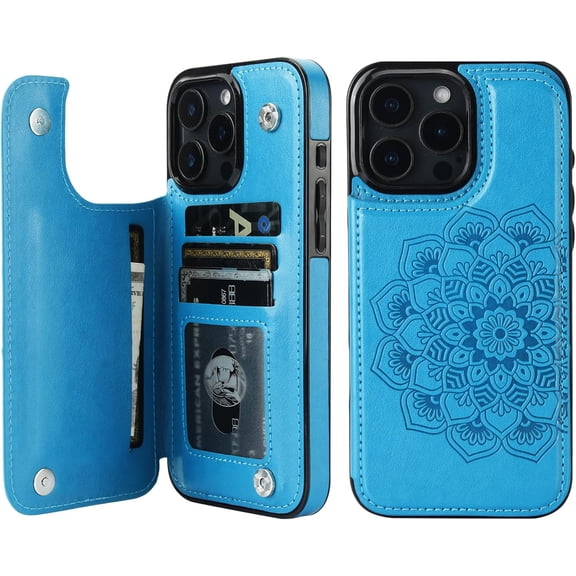 Compatible with iPhone 16 Pro Max Case Wallet with Card Holder, Embossed Mandala Pattern Flower PU Leather Double Buttons Flip Shockproof Cover for Magnetic Car Mount 6.9 Inch (Blue)