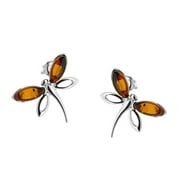 Dragonfly shape Cognac Color Baltic Amber Stud Earrings in Sterling Silver