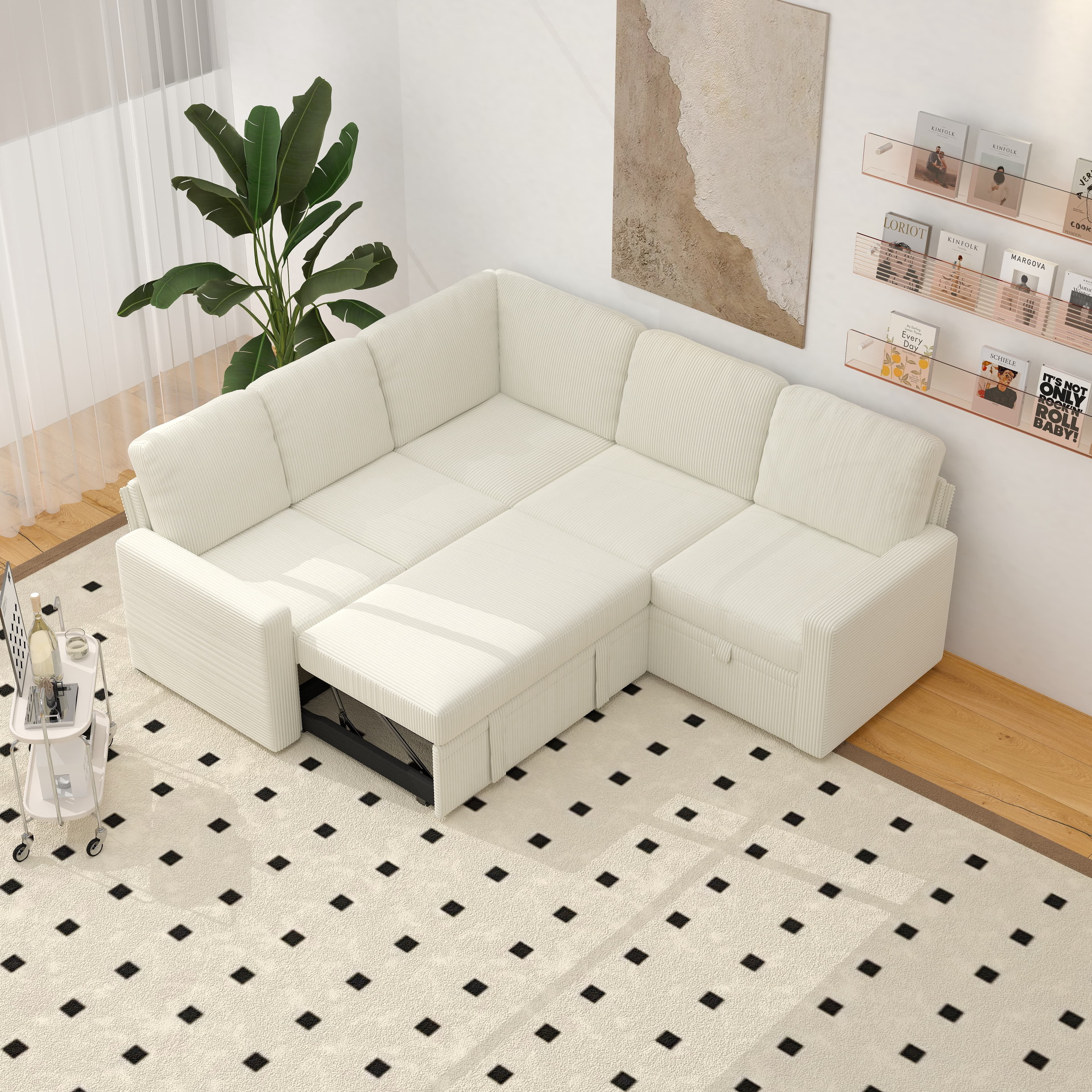 BSHTI Modern L-Shaped Pull-Out Sectional Sleeper Sofa Bed with Storage for Living Room, Beige