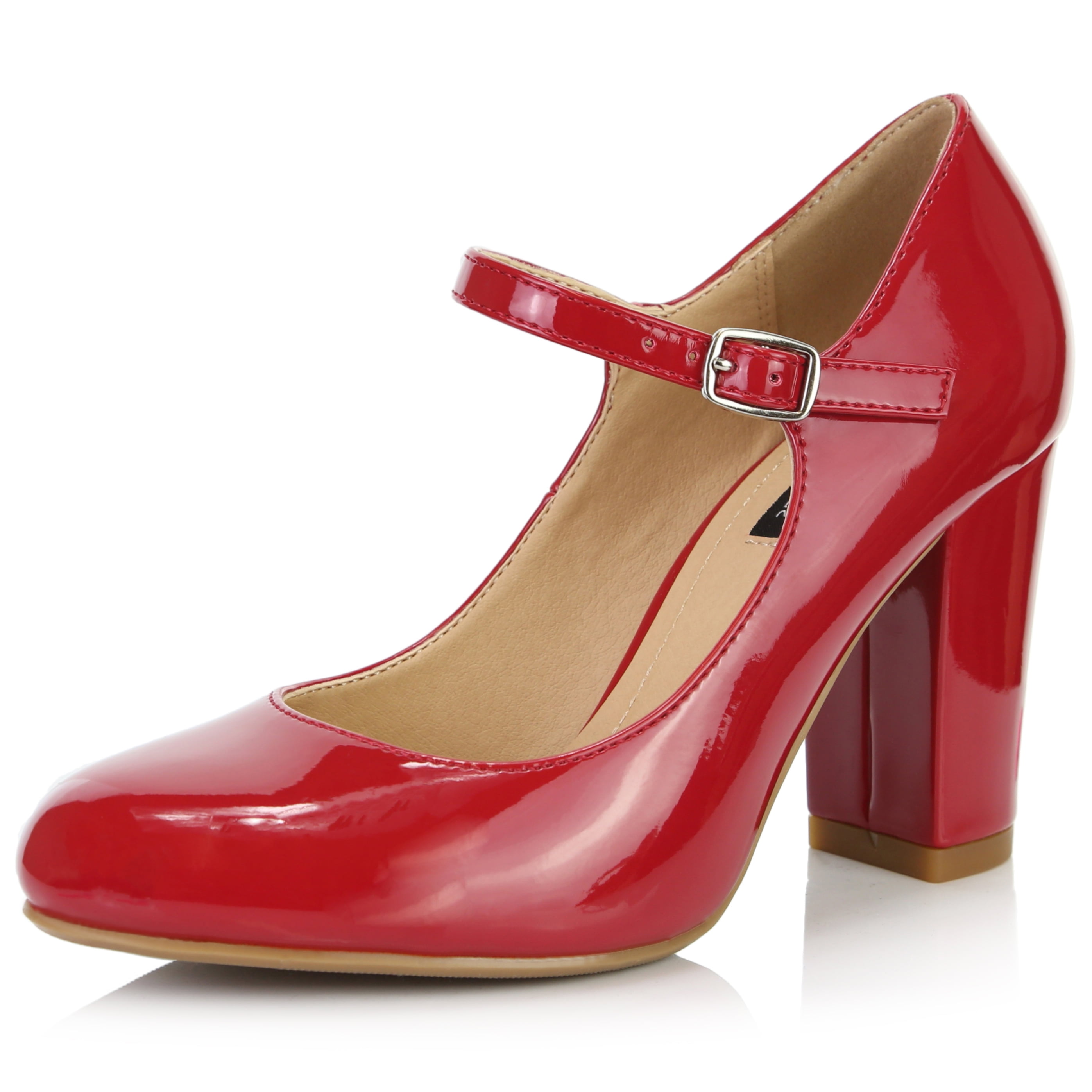 red patent pumps round toe