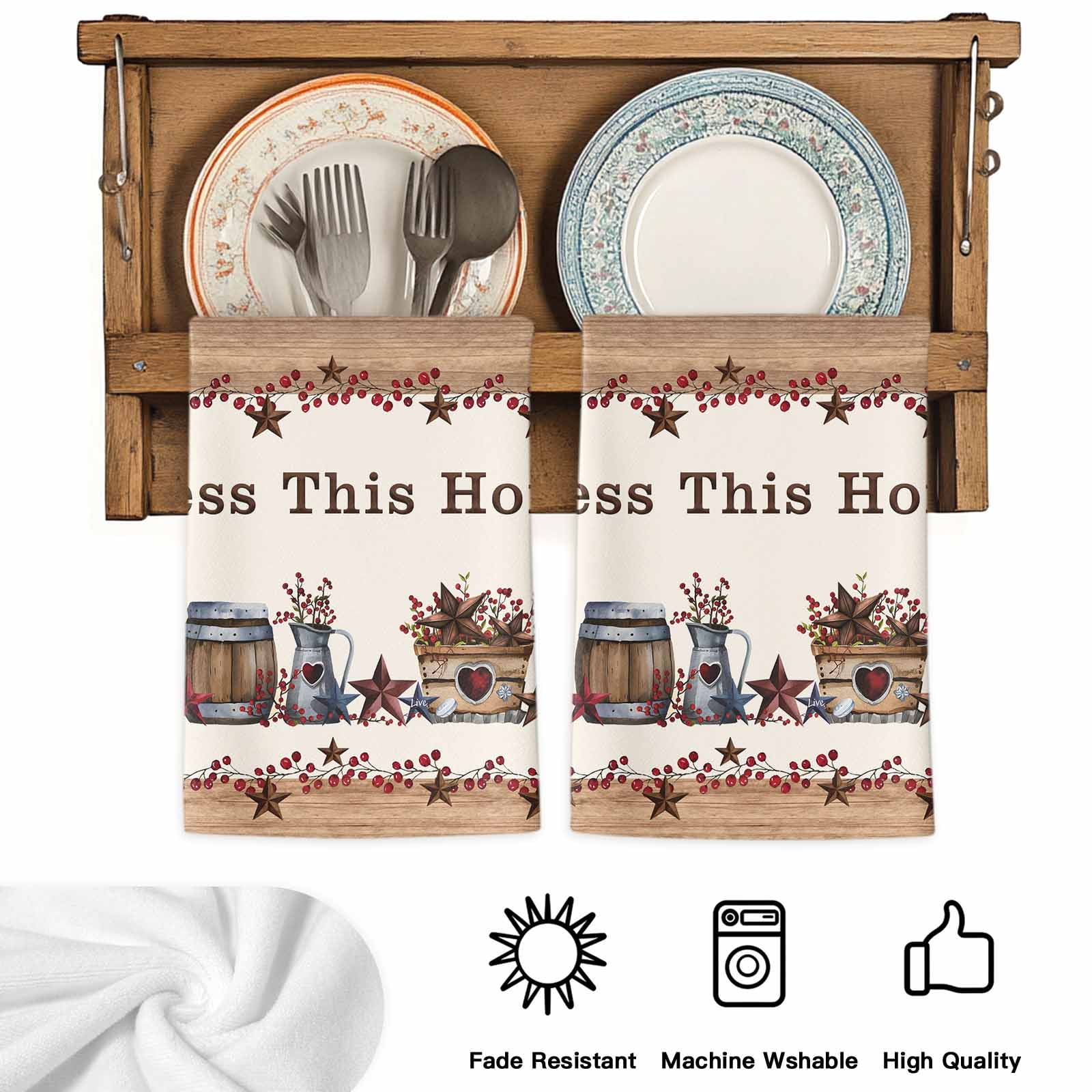 Dish Towels, Western Texas Star Wood Absorbent Kitchen Towels 2 PCS, Red Berry Farmhouse Barn Microfiber Hand Towels Dish Cloths Tea Towels for Home&nbsp;Bathroom Cleaning Drying,18X28-Inch,