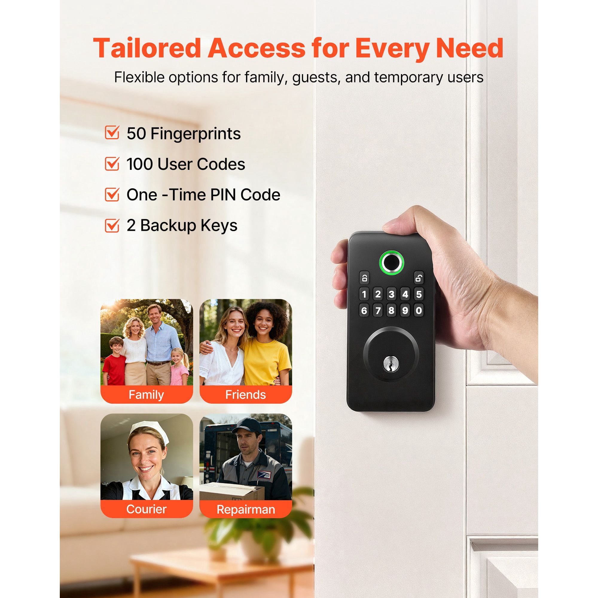 Fingerprint Door Lock, Electronic Biometric Deadbolt with Easy-Grip Design, Auto Locking, One-Time Code, Anti-Peeping, Keyless Entry for Home Use