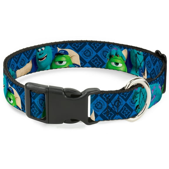 Disney Pet Collar, Dog Collar Plastic Buckle, Monsters University Sulley Mike Poses Checkers Blue, 9.5 to 14.5 Inches 0.5 Inch Wide