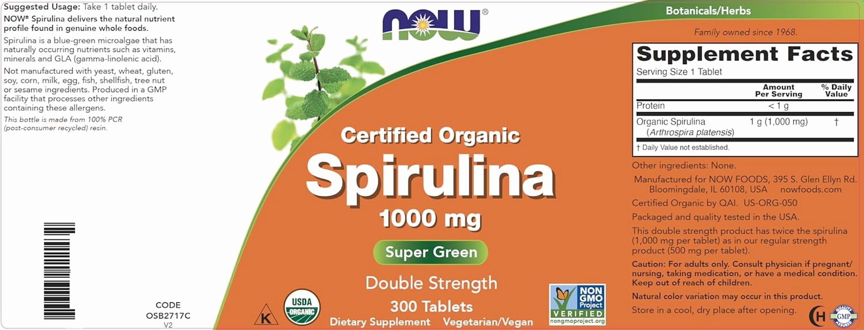NOW Foods Organic Spirulina 1000mg Tablets - 300 Count - Non-GMO, Super Green Whole Food Supplement - Double Strength 1000 mg