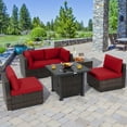thumbnail image 3 of Topbuy 6 Piece Patio Wicker Conversation Set, Outdoor Rattan Sofa Set w/ 32" Propane Fire Pit Table, 50,000 BTU Heat, Tempered Glass Tabletop Red, 3 of 10